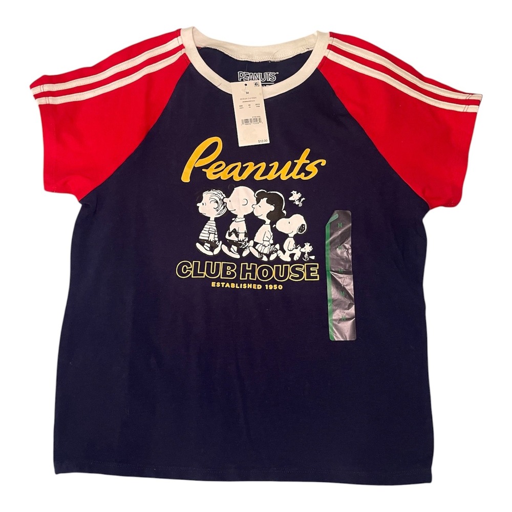 Peanuts Club House Graphic Raglan Tee Navy Red Snoopy Charlie Brown Medium NWT
